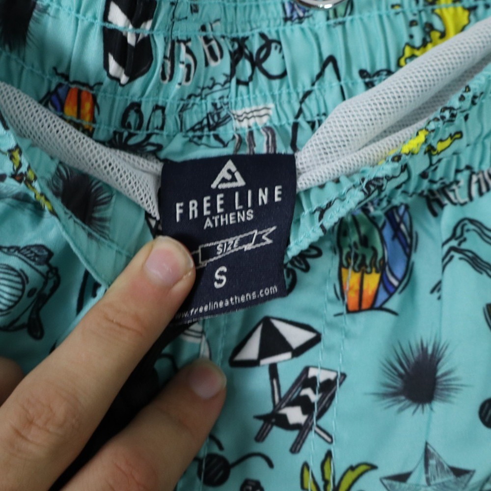 Free Line Athens Swim Shorts Small Teal Greek Vacation Print Trunks - Picture 3 of 7